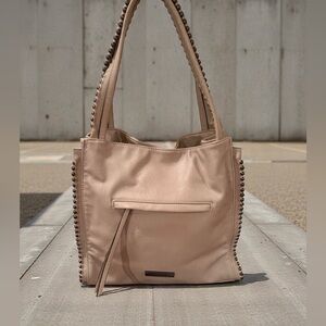 Max Studio Studded Tote Bag Beige Boho Vegan Leather Shoulder Bag Zip Pockets